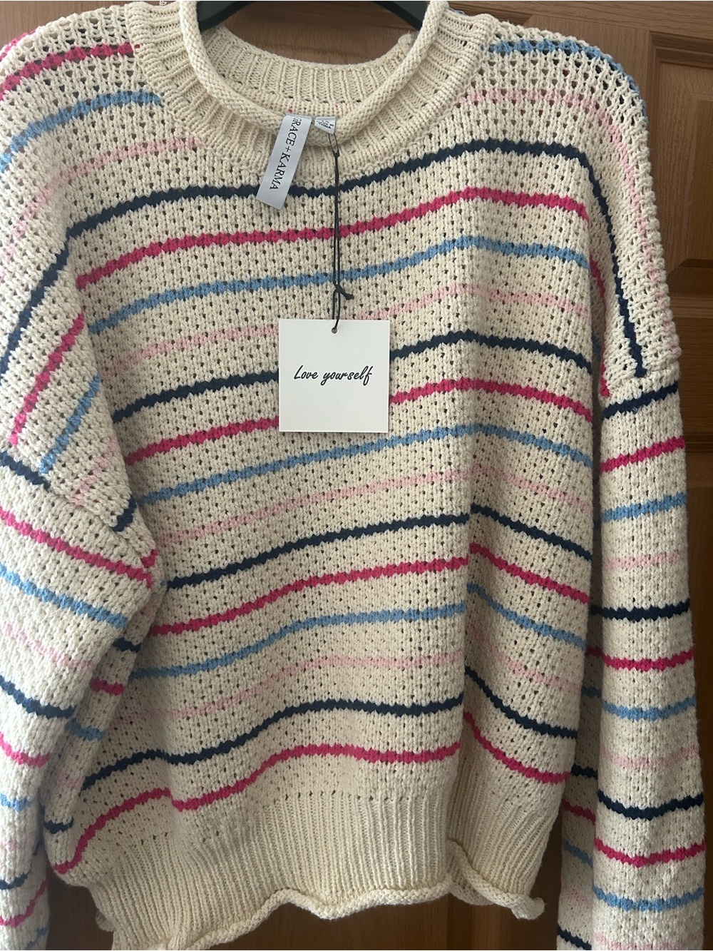 Love Yourself Cream Striped Crewneck Sweater with Pink & Blue Accents